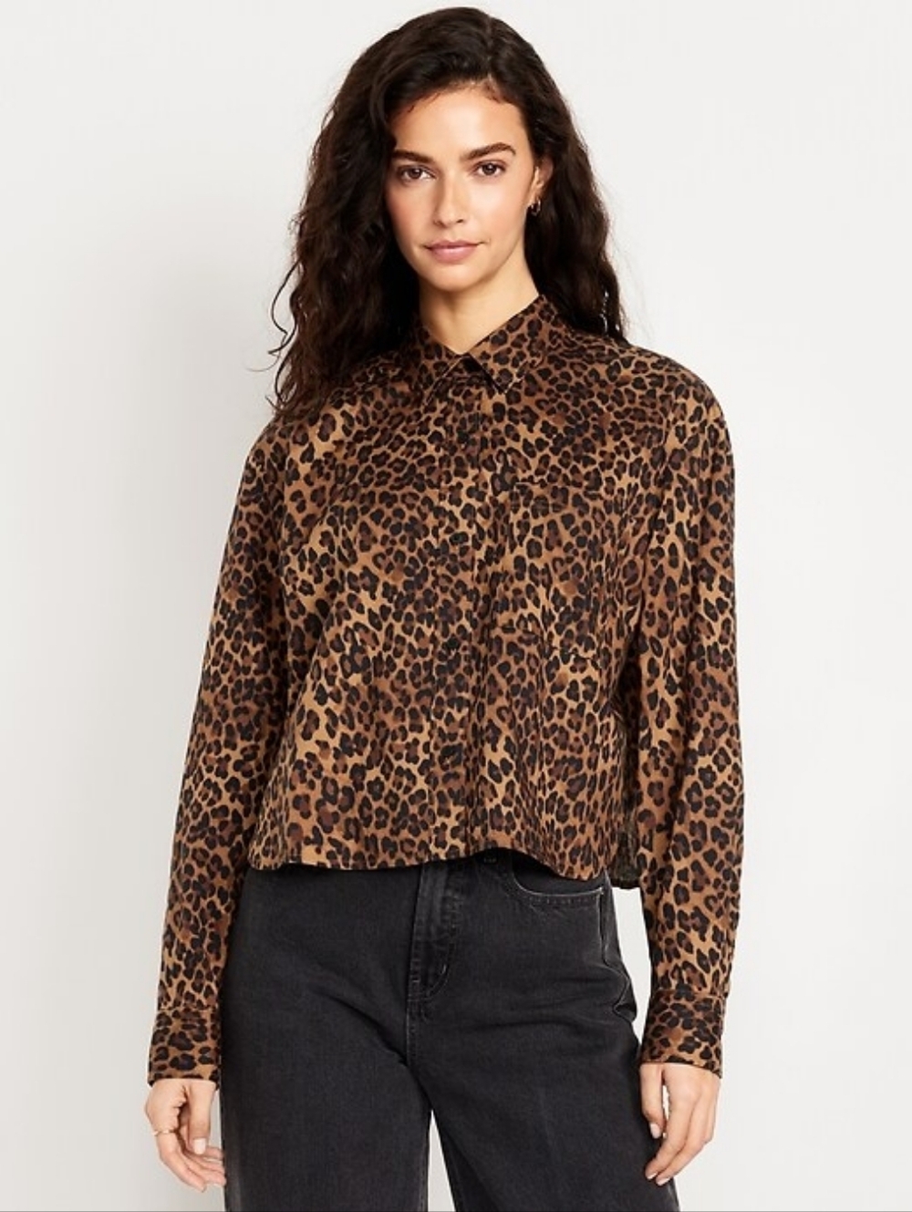 Old Navy Leopard Print Cropped Button Down Shirt Top Pocket Brown Black Size S